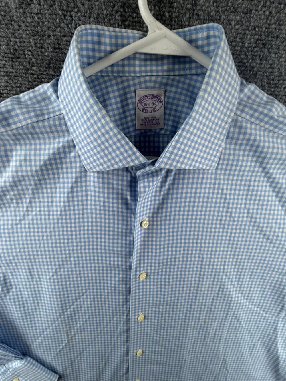 Brooks Brothers Cotton Check Non-Iron Blue 16.5 34 Shirt Mens Long Sleeve Adult